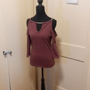 Burgundy Cold Shoulder Top with Chain Detail